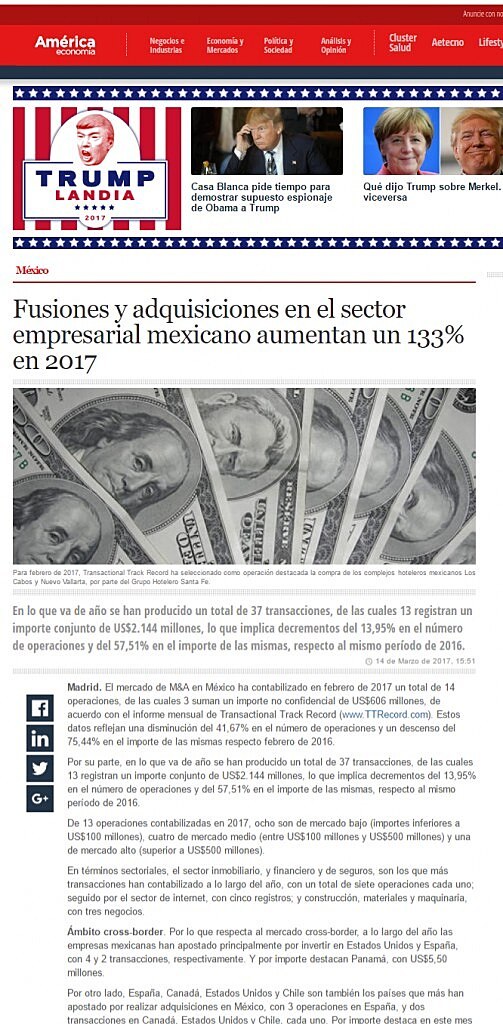 Fusiones y adquisiciones en el sector empresarial mexicano aumentan un 133% en 2017